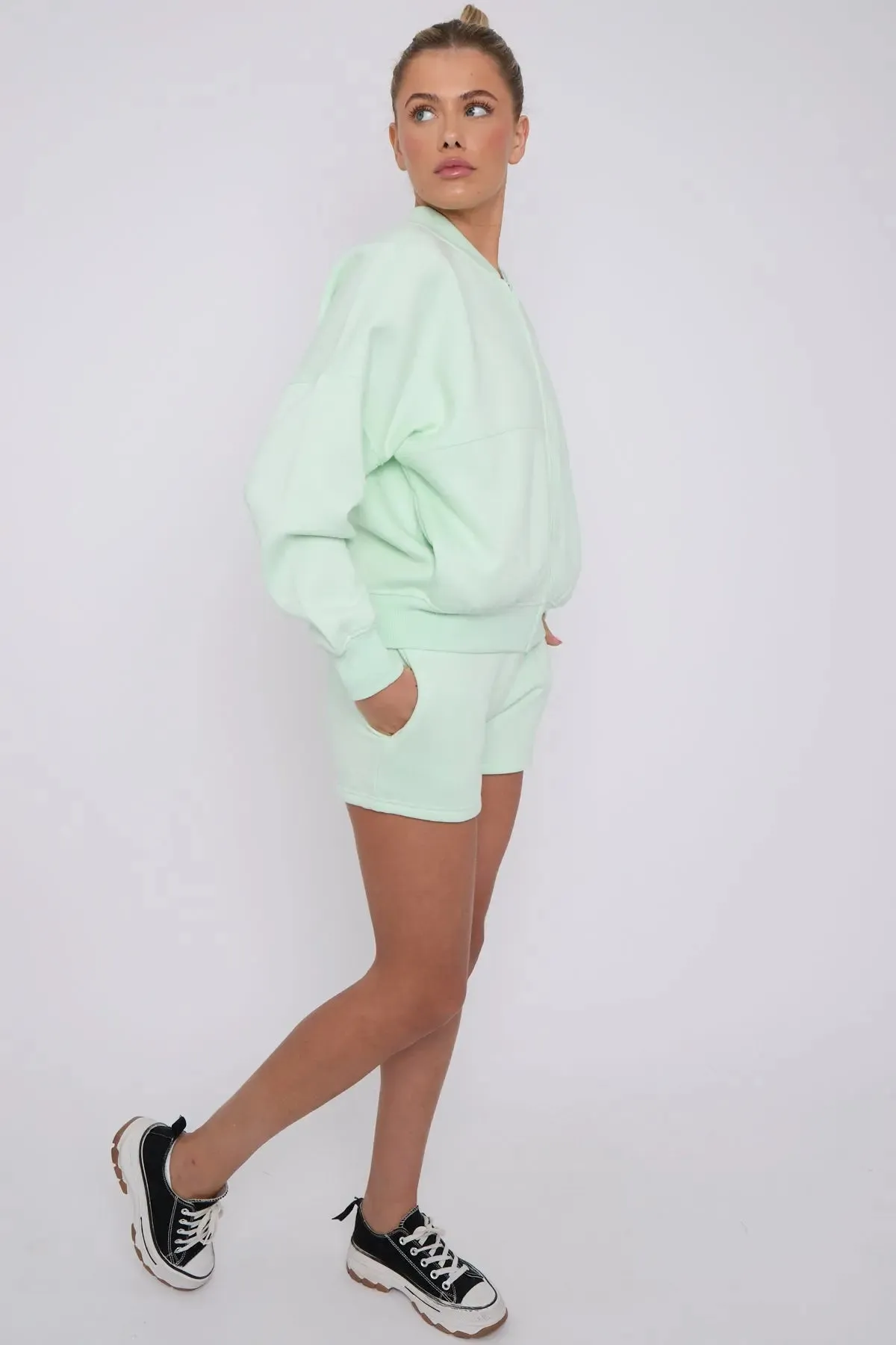 Bomber Neck Zip Through Top and  Shorts Loungewear Set Mint
