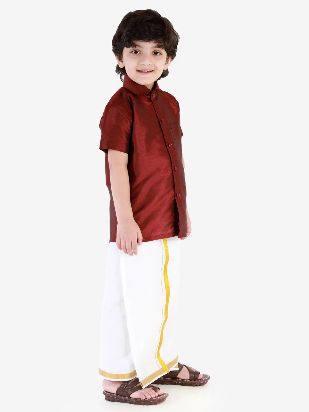 Jashvi Boys' Wine Silk Short Sleeves Ethnic Shirt Mundu Vesty Style Dhoti Pant Set