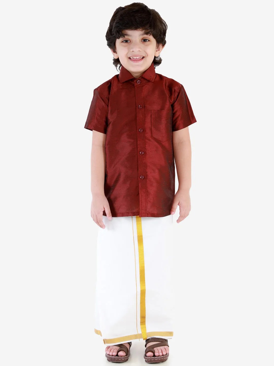 Jashvi Boys' Wine Silk Short Sleeves Ethnic Shirt Mundu Vesty Style Dhoti Pant Set