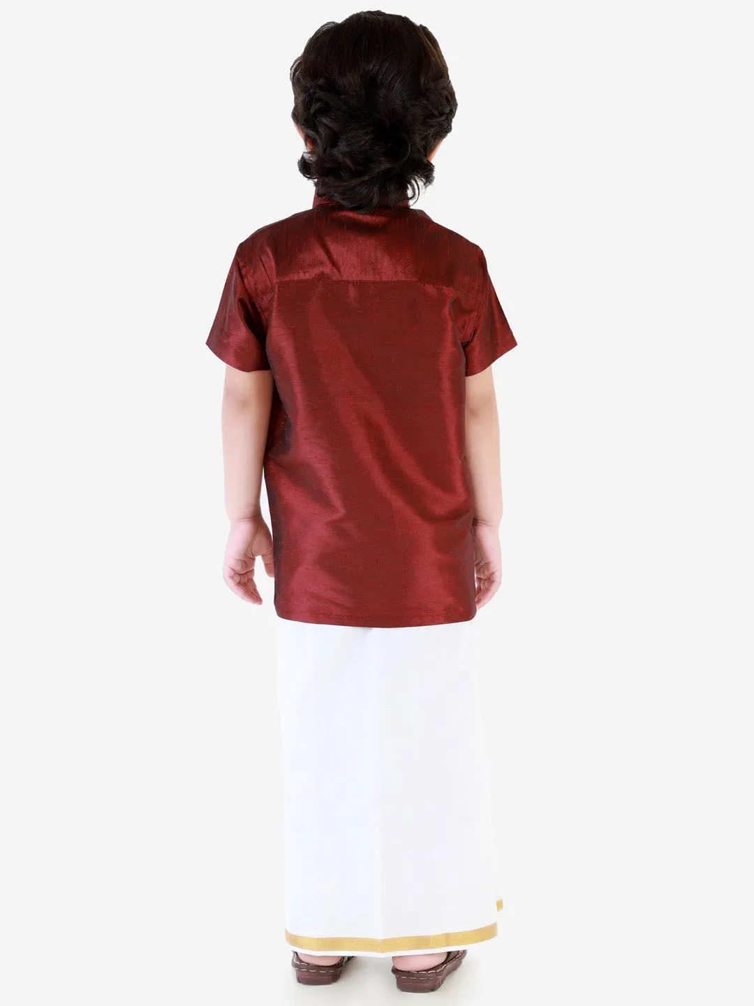 Jashvi Boys' Wine Silk Short Sleeves Ethnic Shirt Mundu Vesty Style Dhoti Pant Set