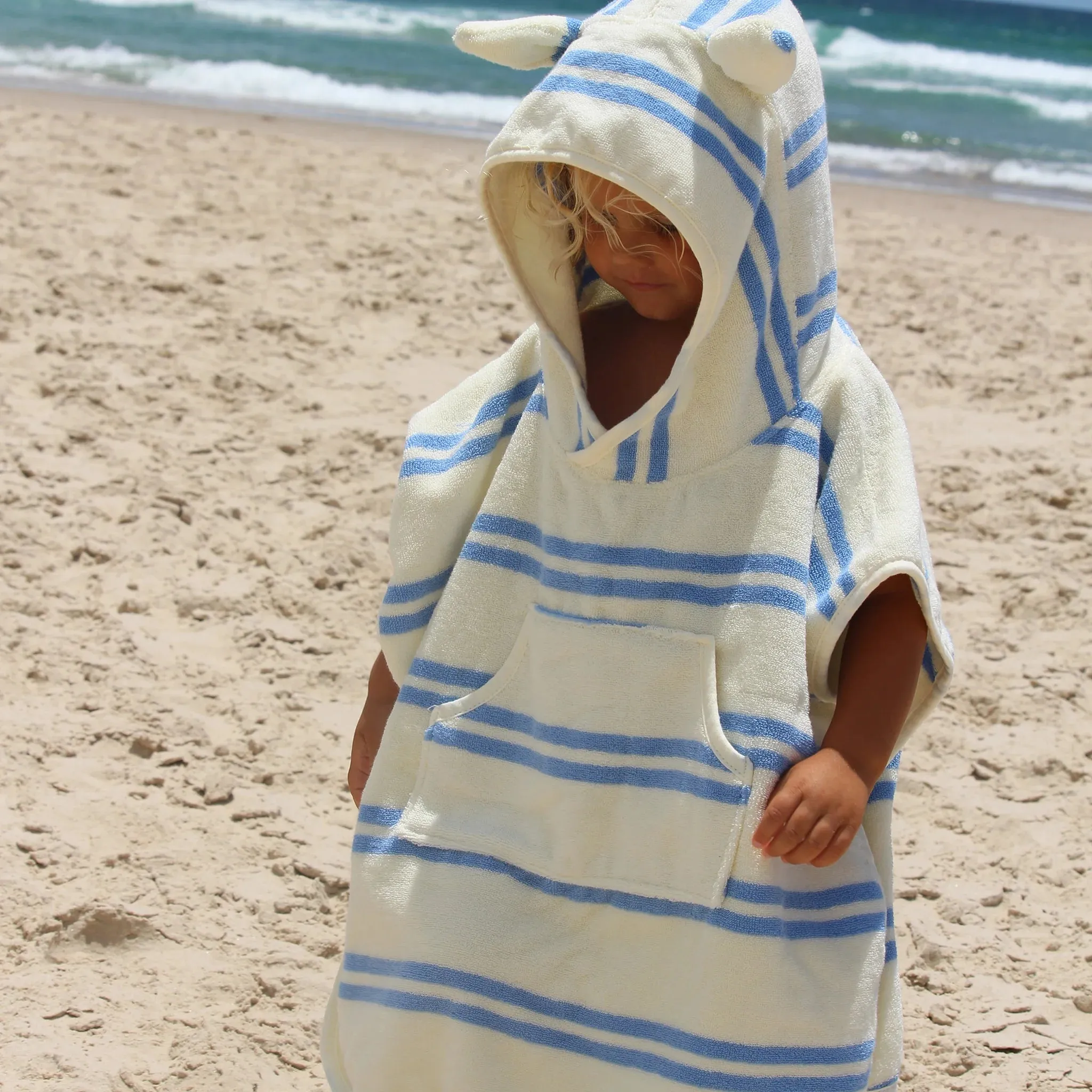 Kids Character Hooded Towel - Sid the Seagull Blue Stripe