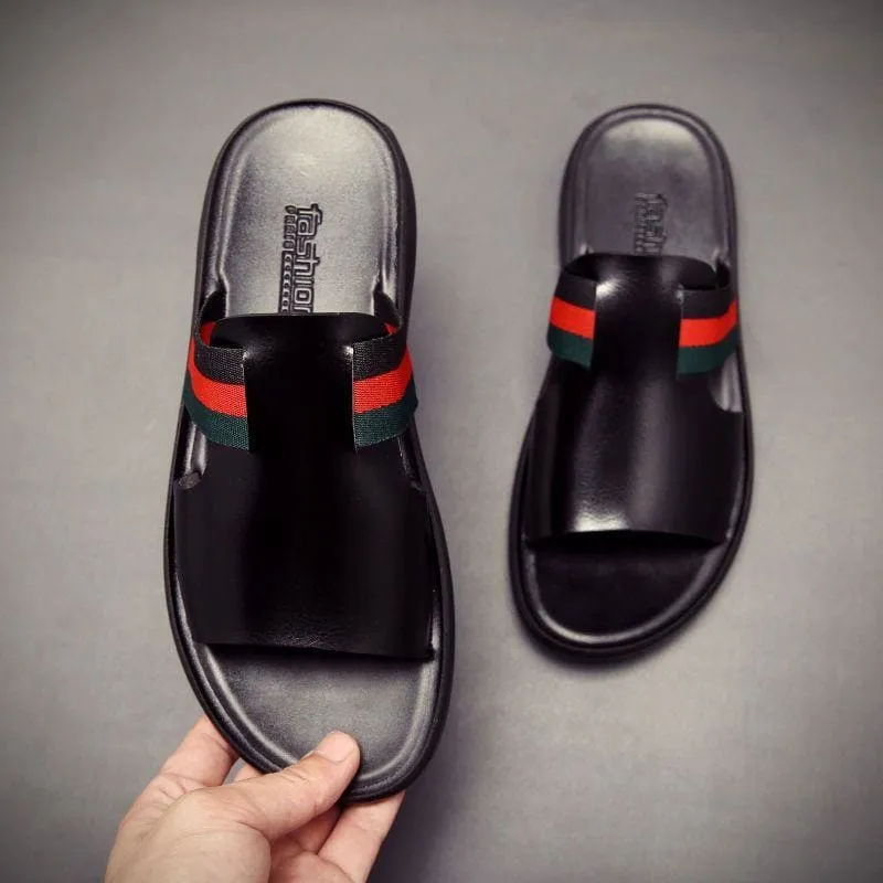 Men Striped Band Pattern Cut Out PU Leather Slide Sandals