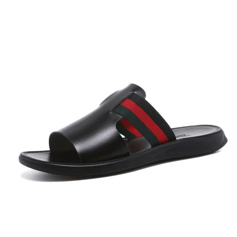 Men Striped Band Pattern Cut Out PU Leather Slide Sandals