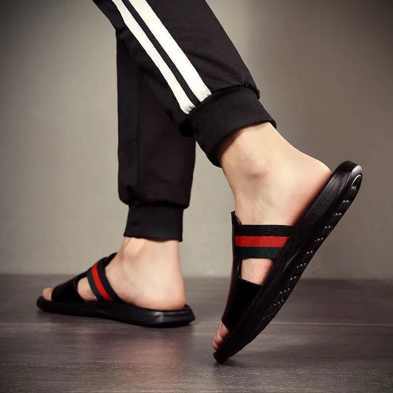 Men Striped Band Pattern Cut Out PU Leather Slide Sandals