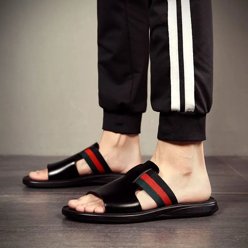 Men Striped Band Pattern Cut Out PU Leather Slide Sandals