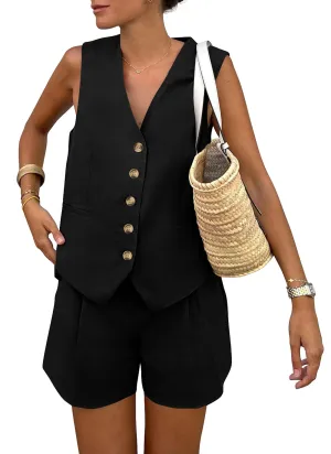 PRETTYGARDEN Women's 2 Piece Summer Matching Sets Button Front V Neck Vest Waistcoat Sleeveless Tops and Shorts with Pockets (Black,Medium)